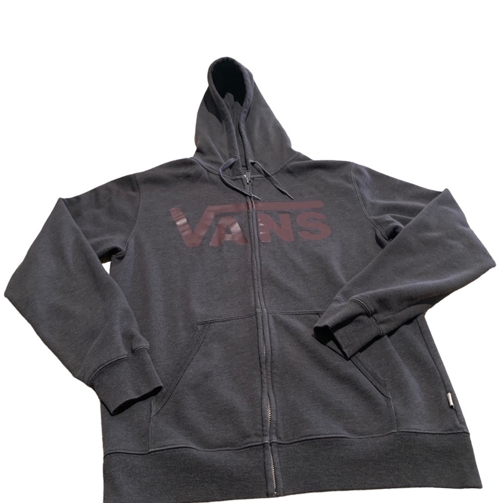 Vans Unisex adult size small charcoal grey zip up with burgundy lettering.